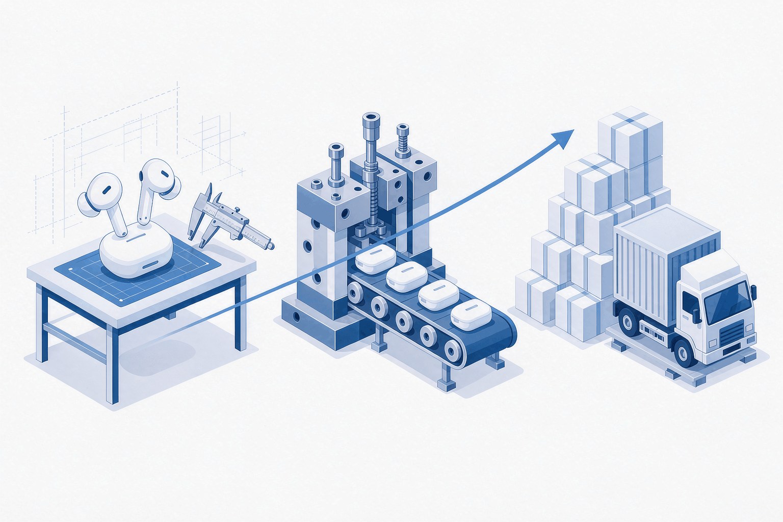 Diagram of the four OEM phases: sample and spec lock, tooling and compliance, PVT pilot run, then mass production and shipping